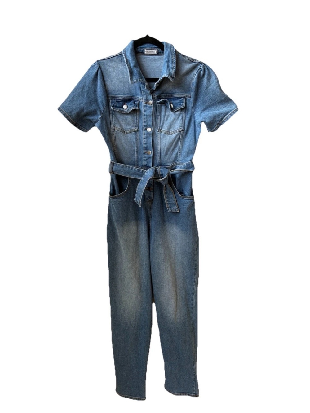 Avec Les Filles Light Blue Denim Short-Sleeve Jumpsuit with Tie Waist western 30